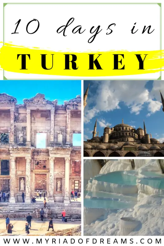 Plan a perfect visit to Turkey with this 10 day Turkey itinerary: Visit Istanbul, Cappadocia, Antalya, Ephesus and Pamukkale. #turkey #turkeyitinerary #istanbul #travelturkey 