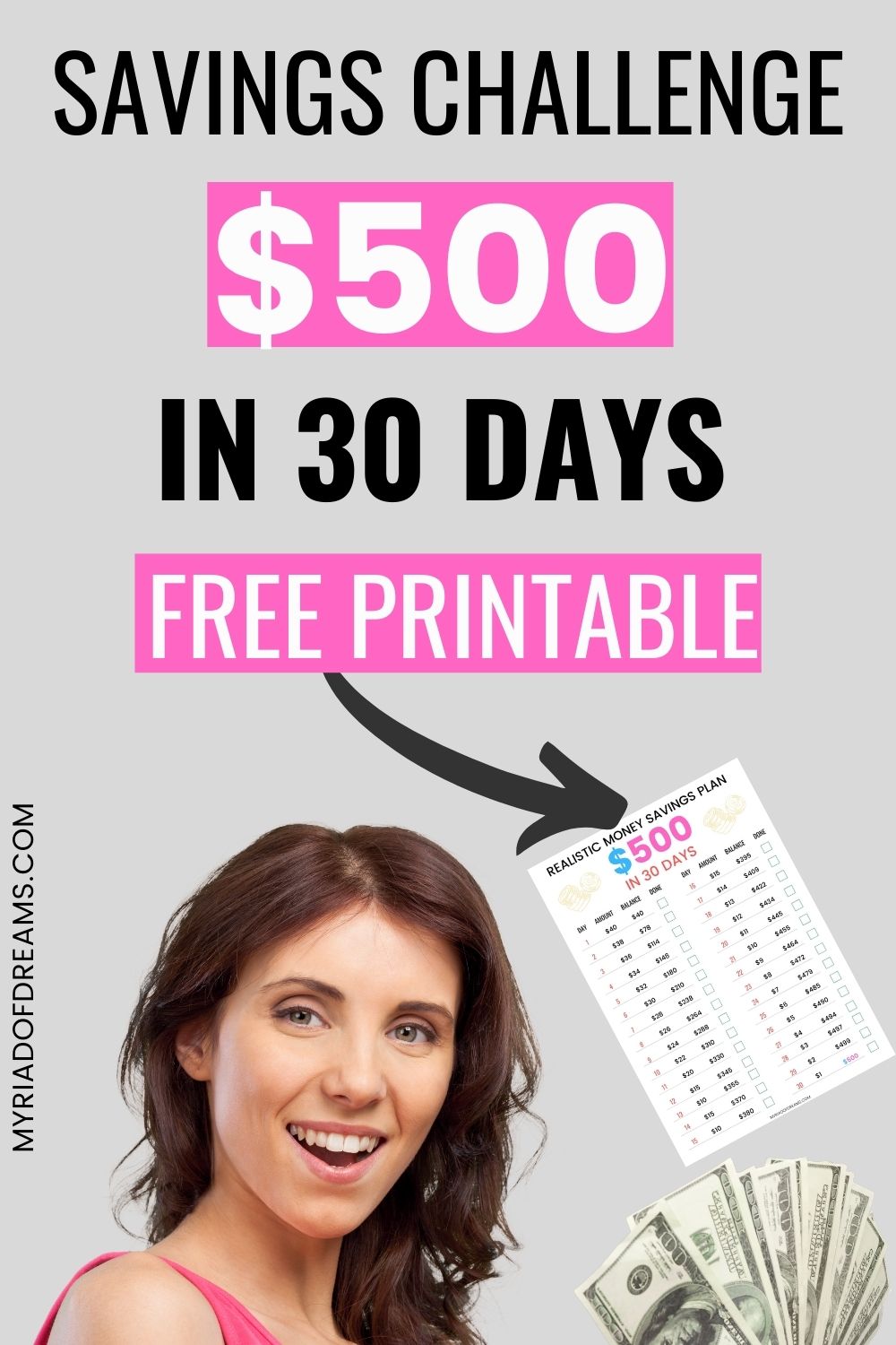 Having difficulty budgeting and saving money. Improve your finances with this money saving challenge. Learn how to save money fast. Save $500 in 30 days even on a low income. Stop being broke and achieve financial freedom. Be a successful money saver. Frugal tips, money management, get out of debt or save for retirement with this savings challenge. Do not forget to grab your free savings plan printable. #broke #savemoney #debt #budgeting #savingmoney #frugal #finance #money