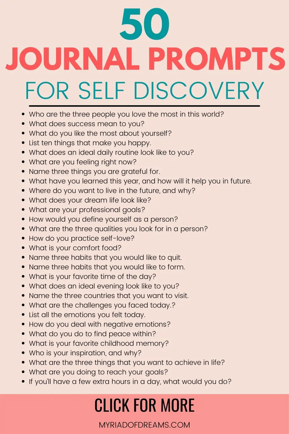 Want to start journaling but not getting ideas what to write about? Here are 50 self discovery journal prompts to help to understand your thoughts and feelings. Start your personal growth and self improvement journey with these journaling ideas. Journaling is a great way to take care of your mental health and a solid step towards self love. Journal writing prompts, journaling ideas, how to start journaling with journal prompts. #journalprompts #mentalhealth #personalgrowth #selfcare 